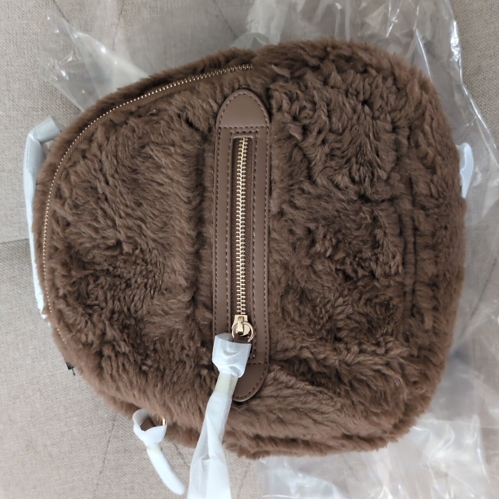 Express Teddy Fabric Plush Zip Up Brown Backpack with Adjustable Straps NWT